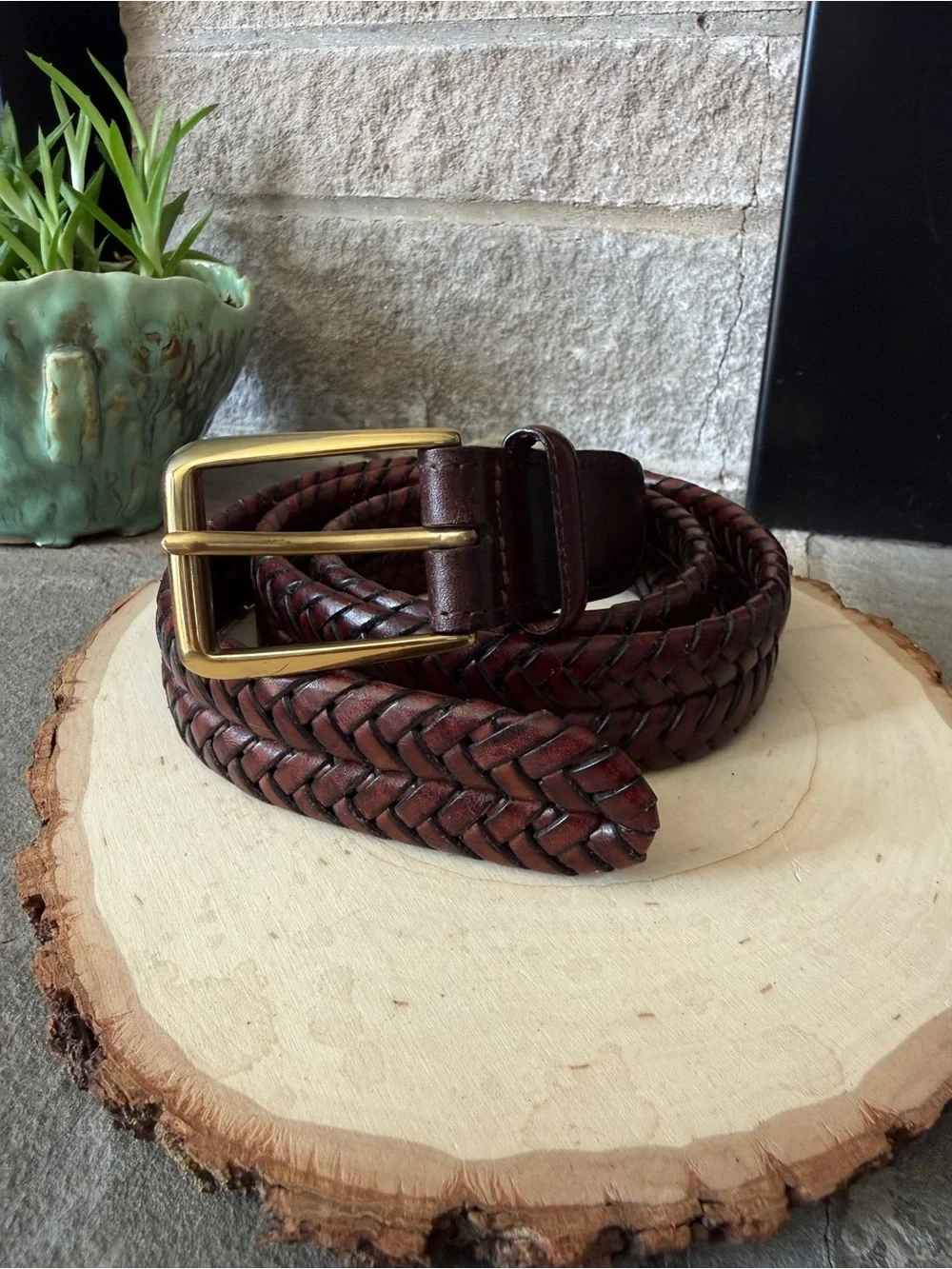 Land’s End Men's Braided Leather Belt in Dark Brown with Brass Buckle